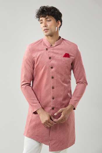 Arihant Rai Sinha Red Swad Velvet Semi Indo Sherwani Set 