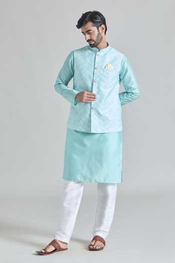 Buy_Arihant Rai Sinha_Green Silk, Chanderi Silk, Cotton Sequins, Embroidery Wave Nehru Jacket Set 
