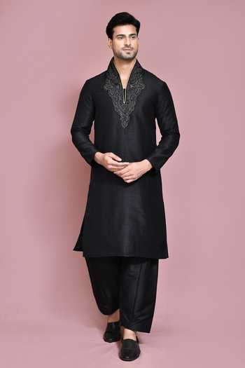 Buy_Arihant Rai Sinha_Black Silk Embroidery Resham Neckline Kurta Set 