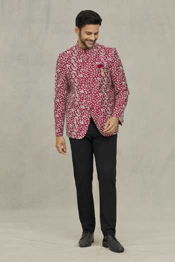 Arihant Rai Sinha_Maroon Silk Sequins, Embroidery Floral Bandhgala _Online_at_Aza_Fashions