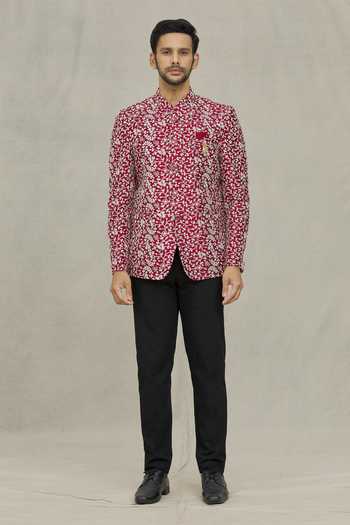 Buy_Arihant Rai Sinha_Maroon Silk Sequins, Embroidery Floral Bandhgala _Online_at_Aza_Fashions