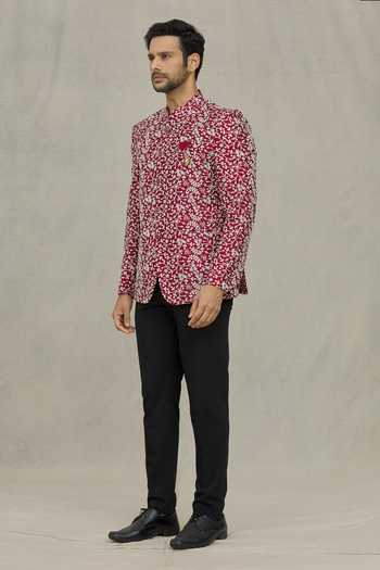 Shop_Arihant Rai Sinha_Maroon Silk Sequins, Embroidery Floral Bandhgala _Online_at_Aza_Fashions