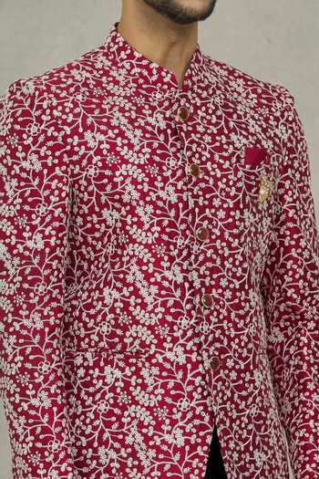 Buy_Arihant Rai Sinha_Maroon Silk Sequins, Embroidery Floral Bandhgala 