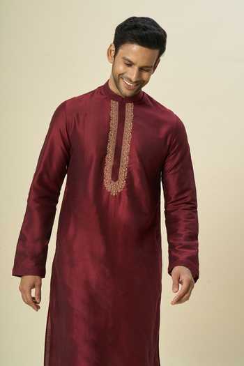 Buy Arihant Rai Sinha Wine Polyester, Chanderi Embroidery Placket Kurta Set at Aza Fashions Buy_Arihant Rai Sinha_Wine Polyester, Chanderi Embroidery Placket Kurta Set _at_Aza_Fashions