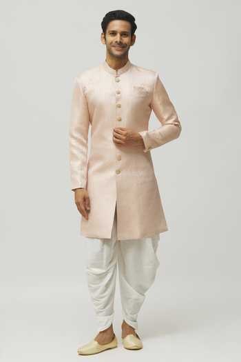 Arihant Rai Sinha_Pink Jacquard, Polyester, Viscose Embroidery Geometric Woven Kurta Set _Online_at_Aza_Fashions