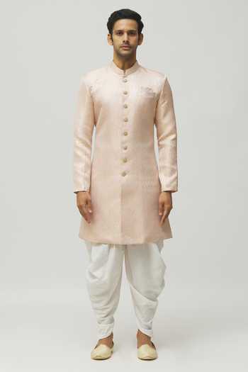 Shop_Arihant Rai Sinha_Pink Jacquard, Polyester, Viscose Embroidery Geometric Woven Kurta Set _Online_at_Aza_Fashions