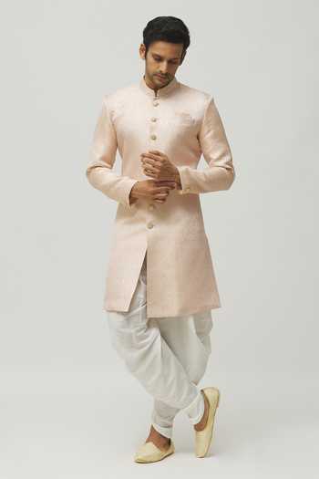 Arihant Rai Sinha_Pink Jacquard, Polyester, Viscose Embroidery Geometric Woven Kurta Set _at_Aza_Fashions