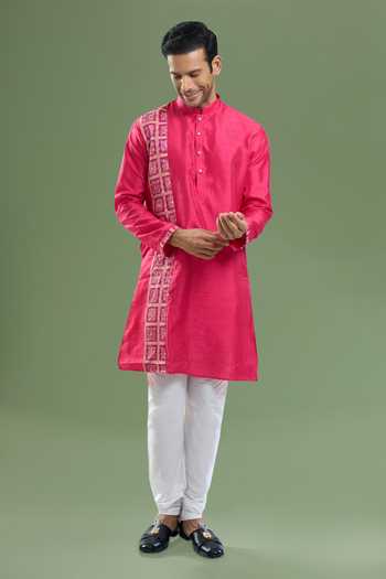 Buy_Arihant Rai Sinha_Fuchsia Silk, Viscose, Polyester Printed Patta Blend Kurta And Churidar Set 
