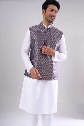 Arihant Rai Sinha Royal Blue Poly Jacquard Bundi 