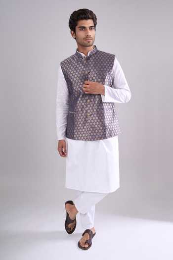 Buy_Arihant Rai Sinha_Blue Polyester, Jacquard Royal Poly Bundi _Online_at_Aza_Fashions