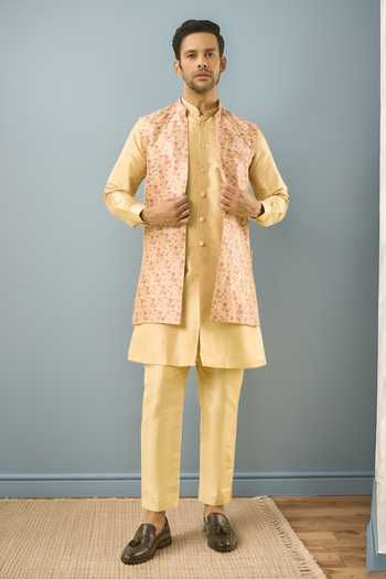 Buy Arihant Rai Sinha Gold Jacquard, , Satin Bahar Print Bundi Kurta Set Buy_Arihant Rai Sinha_Gold Jacquard, , Satin Bahar Print Bundi Kurta Set