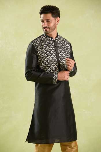 Buy Arihant Rai Sinha Black Polyester, , Chanderi Embroidery Leaf Kurta Set at Aza Fashions Buy_Arihant Rai Sinha_Black Polyester, , Chanderi Embroidery Leaf Kurta Set _at_Aza_Fashions