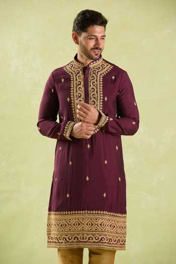 Buy Arihant Rai Sinha Wine Polyester, Silk, Chanderi Embroidery Dori Kurta Set at Aza Fashions Buy_Arihant Rai Sinha_Wine Polyester, Silk, Chanderi Embroidery Dori Kurta Set _at_Aza_Fashions