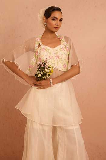 Tarini Vij_Off White Organza Beads, Pearls Sweetheart Neck Gul Overlay Jacket Palazzo Set _Online_at_Aza_Fashions