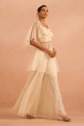 Buy_Tarini Vij_Off White Organza Beads, Pearls Sweetheart Neck Gul Overlay Jacket Palazzo Set _Online_at_Aza_Fashions