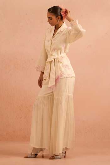 Tarini Vij_Off White Organza, Chiffon Shawl Neck Gulnaar Embroidered Top And Gharara Set _Online_at_Aza_Fashions
