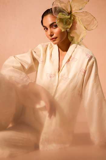 Buy_Tarini Vij_Off White Organza, Chiffon Shawl Neck Gulnaar Embroidered Top And Gharara Set _Online_at_Aza_Fashions