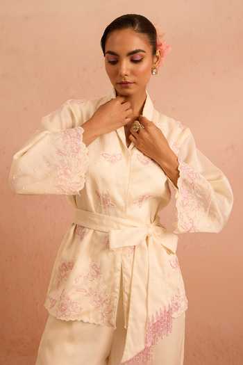 Shop_Tarini Vij_Off White Organza, Chiffon Shawl Neck Gulnaar Embroidered Top And Gharara Set _Online_at_Aza_Fashions
