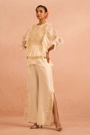 Buy Tarini Vij Off White Organza, Chanderi Embroidery, Gulzar Layered Peplum Top And Palazzo Set Online at Aza Fashions Buy_Tarini Vij_Off White Organza, Chanderi Embroidery, Gulzar Layered Peplum Top And Palazzo Set _Online_at_Aza_Fashions