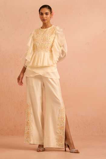 Shop Tarini Vij Off White Organza, Chanderi Embroidery, Gulzar Layered Peplum Top And Palazzo Set Online at Aza Fashions Shop_Tarini Vij_Off White Organza, Chanderi Embroidery, Gulzar Layered Peplum Top And Palazzo Set _Online_at_Aza_Fashions