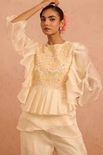 Tarini Vij Off White Organza, Chanderi Embroidery, Gulzar Layered Peplum Top And Palazzo Set at Aza Fashions Tarini Vij_Off White Organza, Chanderi Embroidery, Gulzar Layered Peplum Top And Palazzo Set _at_Aza_Fashions