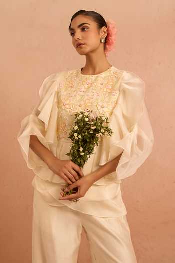 Shop Tarini Vij Off White Organza, Chanderi Embroidery, Gulzar Layered Peplum Top And Palazzo Set Shop_Tarini Vij_Off White Organza, Chanderi Embroidery, Gulzar Layered Peplum Top And Palazzo Set