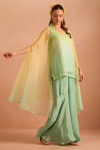 Buy Tarini Vij Yellow Organza, Crepe V-neck Meher Embroidered Cape And Kurta Set Online at Aza Fashions Buy_Tarini Vij_Yellow Organza, Crepe V-neck Meher Embroidered Cape And Kurta Set _Online_at_Aza_Fashions