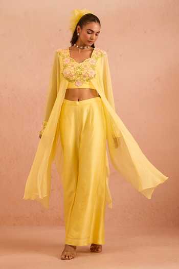 Tarini Vij_Yellow Chanderi, Georgette Naazneen Placement Embroidered Top And Palazzo Set _Online_at_Aza_Fashions