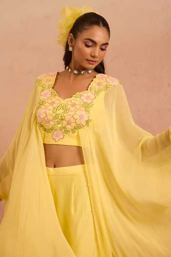 Buy_Tarini Vij_Yellow Chanderi, Georgette Naazneen Placement Embroidered Top And Palazzo Set _Online_at_Aza_Fashions