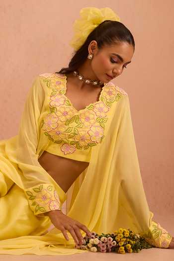 Tarini Vij_Yellow Chanderi, Georgette Naazneen Placement Embroidered Top And Palazzo Set _at_Aza_Fashions