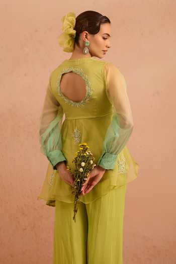 Tarini Vij_Green Organza, Georgette Embroidery V-neck Nuray Peplum Top And Palazzo Set _Online_at_Aza_Fashions