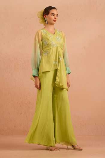 Buy_Tarini Vij_Green Organza, Georgette Embroidery V-neck Nuray Peplum Top And Palazzo Set _Online_at_Aza_Fashions