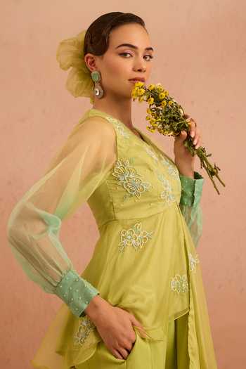 Shop_Tarini Vij_Green Organza, Georgette Embroidery V-neck Nuray Peplum Top And Palazzo Set _Online_at_Aza_Fashions