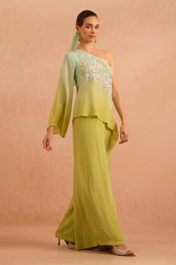 Buy Tarini Vij Green Crepe Beads, Pearls One Shoulder Nurzar Top And Palazzo Set Online at Aza Fashions Buy_Tarini Vij_Green Crepe Beads, Pearls One Shoulder Nurzar Top And Palazzo Set _Online_at_Aza_Fashions