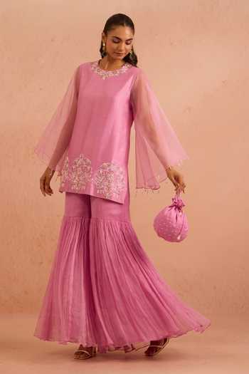 Tarini Vij Purple Chanderi, Organza, Chiffon Round Ruhina Embroidered Kurta And Gharara Set Online at Aza Fashions Tarini Vij_Purple Chanderi, Organza, Chiffon Round Ruhina Embroidered Kurta And Gharara Set _Online_at_Aza_Fashions