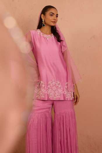 Buy Tarini Vij Purple Chanderi, Organza, Chiffon Round Ruhina Embroidered Kurta And Gharara Set Online at Aza Fashions Buy_Tarini Vij_Purple Chanderi, Organza, Chiffon Round Ruhina Embroidered Kurta And Gharara Set _Online_at_Aza_Fashions