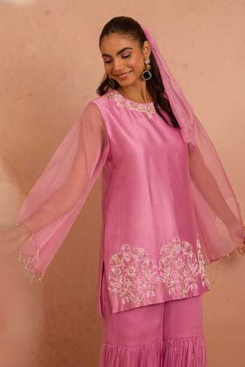 Shop Tarini Vij Purple Chanderi, Organza, Chiffon Round Ruhina Embroidered Kurta And Gharara Set Online at Aza Fashions Shop_Tarini Vij_Purple Chanderi, Organza, Chiffon Round Ruhina Embroidered Kurta And Gharara Set _Online_at_Aza_Fashions