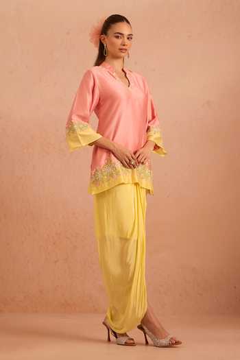 Tarini Vij_Pink Chanderi, Crepe Mandarin Collar Ziyara Embroidered Kurta And Dhoti Skirt Set _Online_at_Aza_Fashions