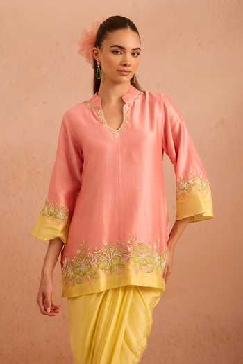 Buy_Tarini Vij_Pink Chanderi, Crepe Mandarin Collar Ziyara Embroidered Kurta And Dhoti Skirt Set _Online_at_Aza_Fashions