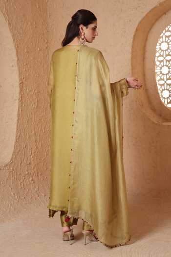 Shop Label Niti Bothra Olive Green Silk, Organza, Tencel V-neck, Yes Mehrang Kurta And Pant Set at Aza Fashions Shop_Label Niti Bothra_Olive Green Silk, Organza, Tencel V-neck, Yes Mehrang Kurta And Pant Set _at_Aza_Fashions