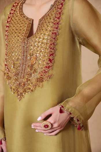 Buy Label Niti Bothra Olive Green Silk, Organza, Tencel V-neck, Yes Mehrang Kurta And Pant Set Online at Aza Fashions Buy_Label Niti Bothra_Olive Green Silk, Organza, Tencel V-neck, Yes Mehrang Kurta And Pant Set _Online_at_Aza_Fashions