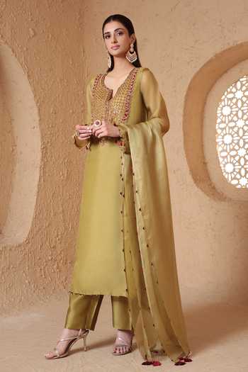 Shop Label Niti Bothra Olive Green Silk, Organza, Tencel V-neck, Yes Mehrang Kurta And Pant Set Online at Aza Fashions Shop_Label Niti Bothra_Olive Green Silk, Organza, Tencel V-neck, Yes Mehrang Kurta And Pant Set _Online_at_Aza_Fashions