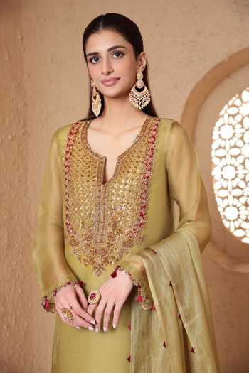 Label Niti Bothra Olive Green Silk, Organza, Tencel V-neck, Yes Mehrang Kurta And Pant Set at Aza Fashions Label Niti Bothra_Olive Green Silk, Organza, Tencel V-neck, Yes Mehrang Kurta And Pant Set _at_Aza_Fashions