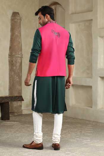 Buy_Kudrat Couture_Pink Silk, Cotton, Satin, Lycra Beads, Mirrors, Embroidered Bundi And Kurta Set _Online_at_Aza_Fashions