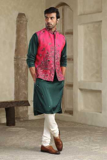 Shop_Kudrat Couture_Pink Silk, Cotton, Satin, Lycra Beads, Mirrors, Embroidered Bundi And Kurta Set _Online_at_Aza_Fashions