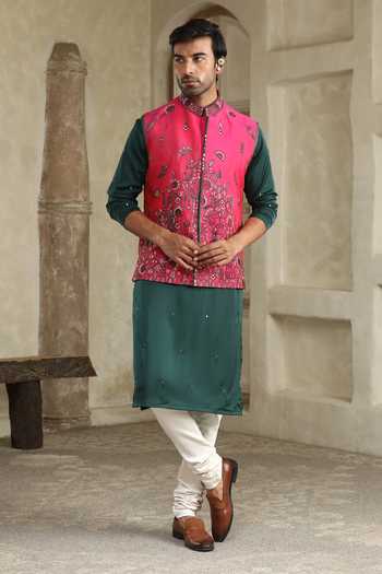 Kudrat Couture_Pink Silk, Cotton, Satin, Lycra Beads, Mirrors, Embroidered Bundi And Kurta Set _at_Aza_Fashions