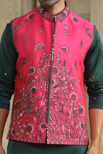 Buy_Kudrat Couture_Pink Silk, Cotton, Satin, Lycra Beads, Mirrors, Embroidered Bundi And Kurta Set 