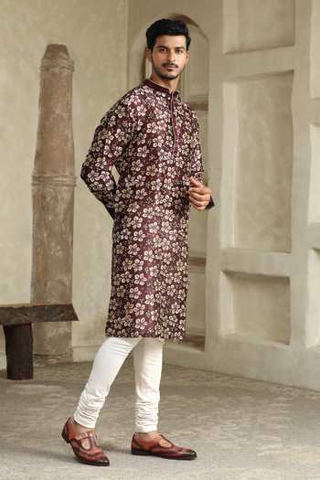 Kudrat Couture_Brown Silk Mitti E Gulzar Floral Print Kurta _Online_at_Aza_Fashions