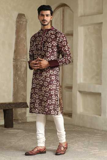 Buy_Kudrat Couture_Brown Silk Mitti E Gulzar Floral Print Kurta _Online_at_Aza_Fashions