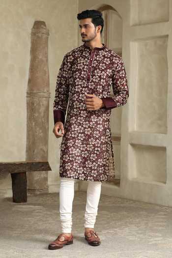 Shop_Kudrat Couture_Brown Silk Mitti E Gulzar Floral Print Kurta _Online_at_Aza_Fashions